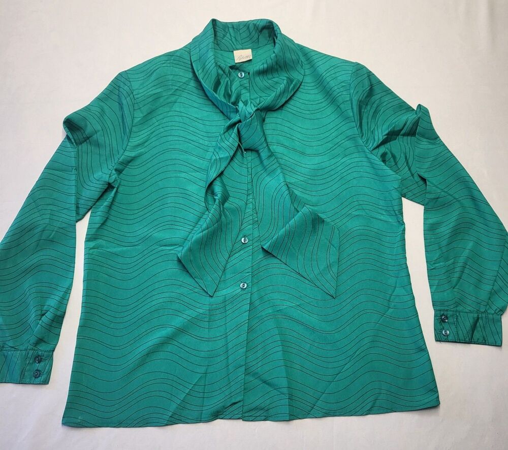 Vintage Pykettes Womens L  Blouse Retro Button Tie Neck long Sleeve Top